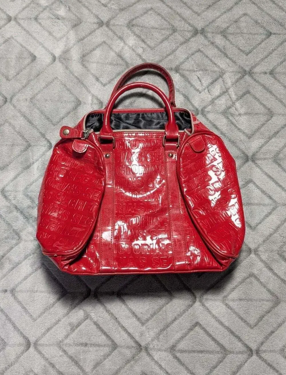 Victoria's Secret Red Patent Vinyl Embossed Logo Satchel Handbag